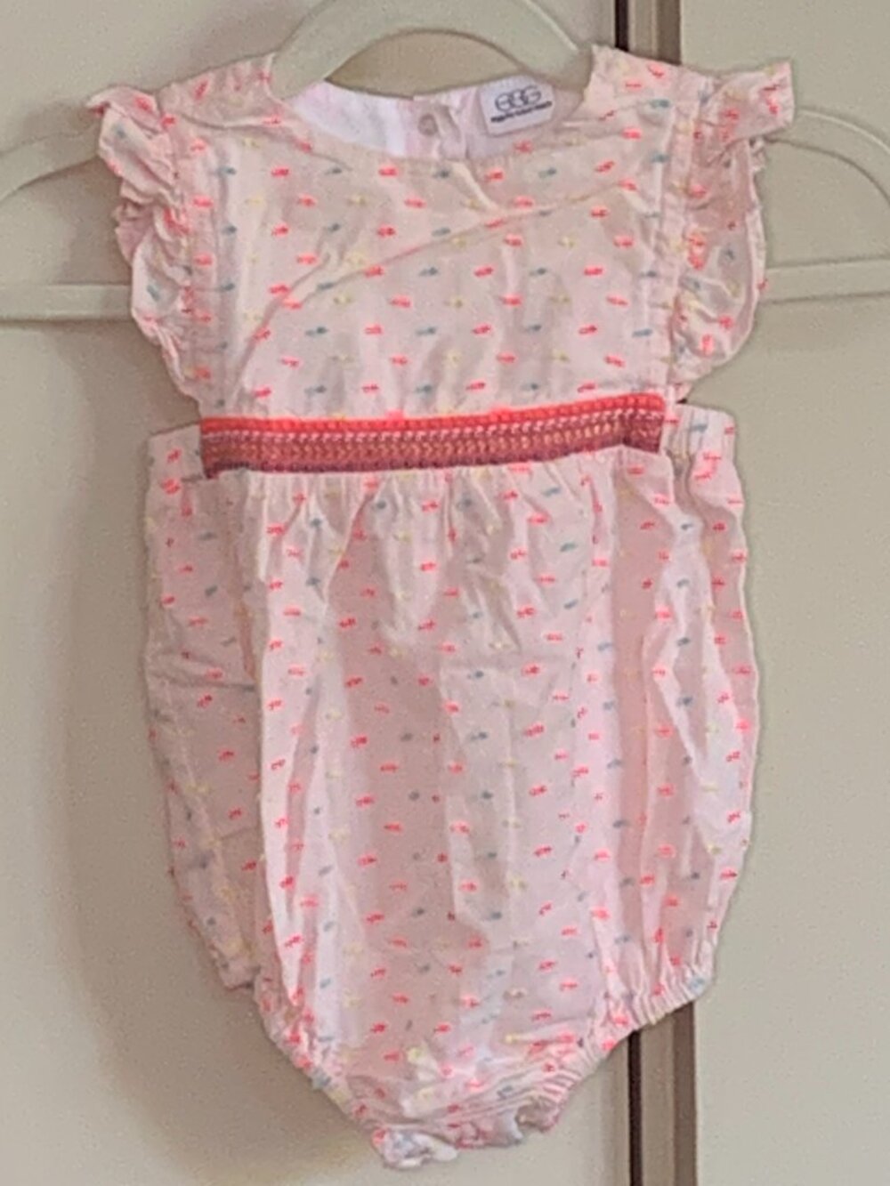 Egg by Susan Lazar Baby Girl Bubble Romper 6M | Neon Swiss Dot Flutter Sleeve
